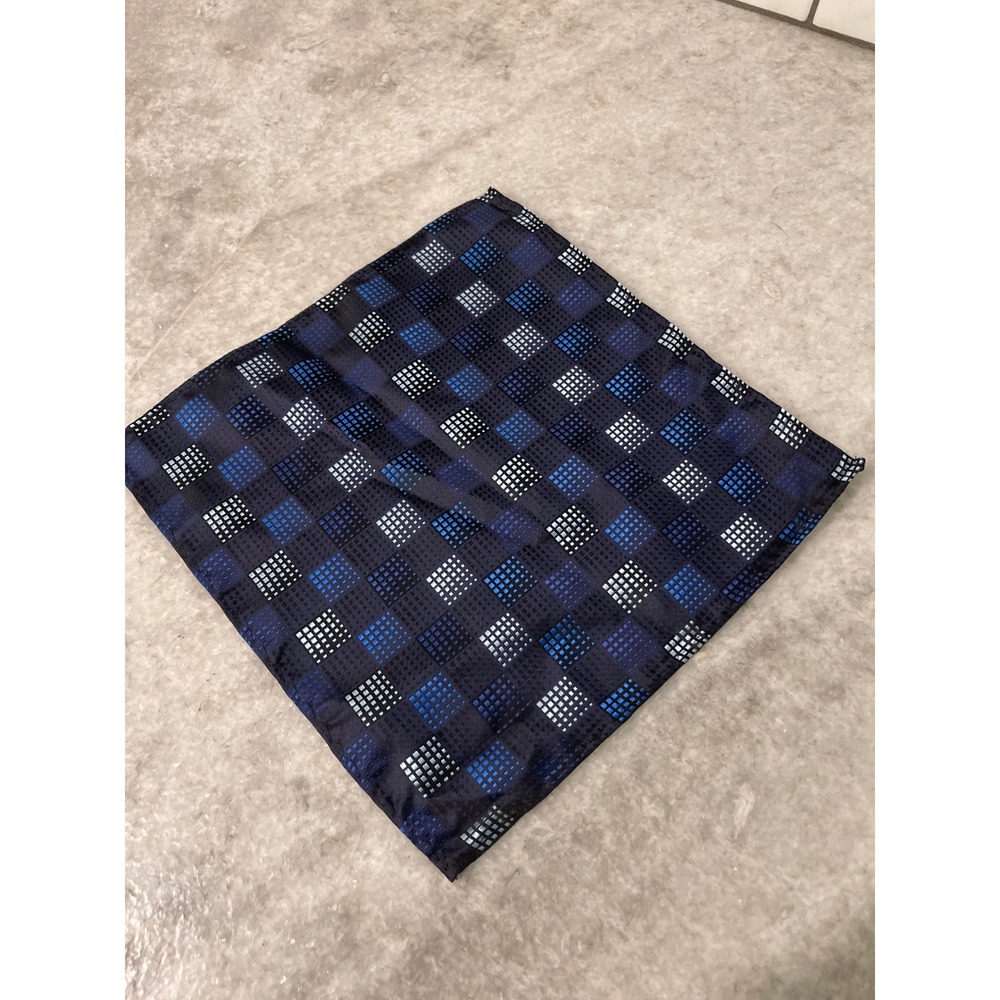 Vintage Pocket Square Men OS Blue Geometric Grid 100% Silk Handmade Formal